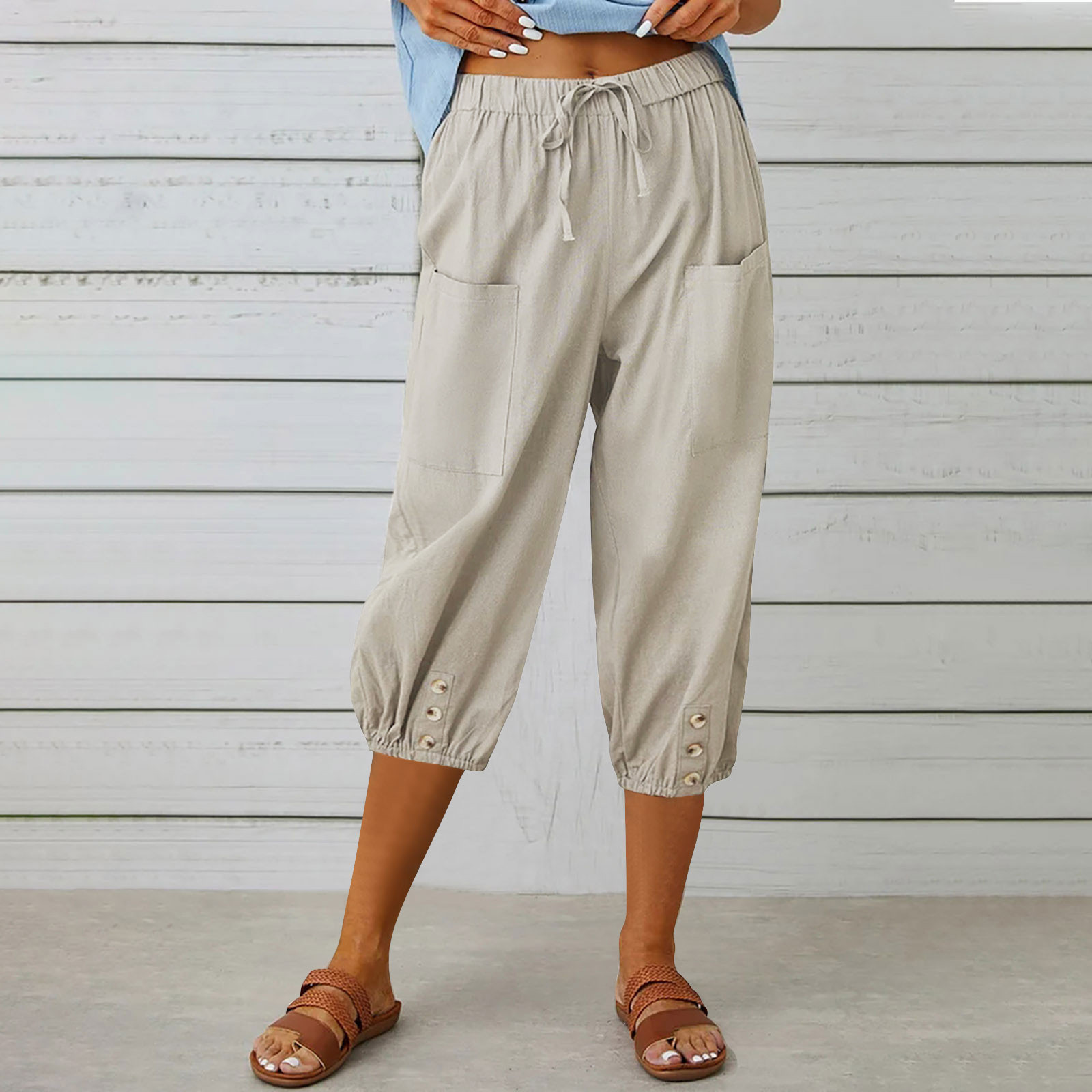 thumbnail image 2 of Pantalones harem elásticos de cintura alta y corte holgado para mujer: pantalones cortos informales con bolsillos, mezcla de algodón, diseño de color liso, 2 of 7